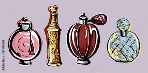 A set of vintage perfume bottles. Aromatic cosmetics. Fashion illustration in the style of a hand-drawn sketch. Vector on an isolated background.