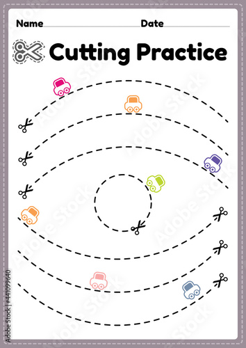 Cutting printable for preschoolers to cut the paper with scissors to improve motor skills, coordination and develop small muscles for kindergarten kids in a printable illustration page.