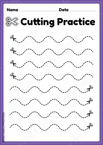 Scissors activities for toddlers kids to cut the paper to improve motor skills, coordination and develop small muscles for preschool and kindergarten children in a printable illustration page.