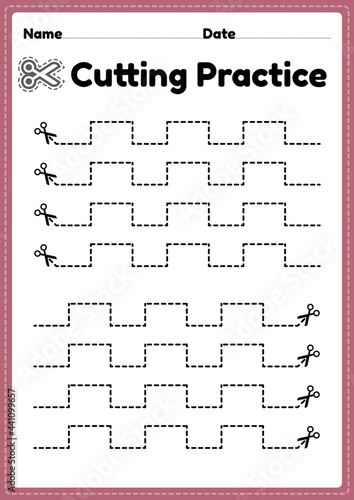 Cutting activity printable for preschool and kindergarten kids to cut the paper with scissors to improve motor skills, coordination and develop small muscles for children in a printable illustration