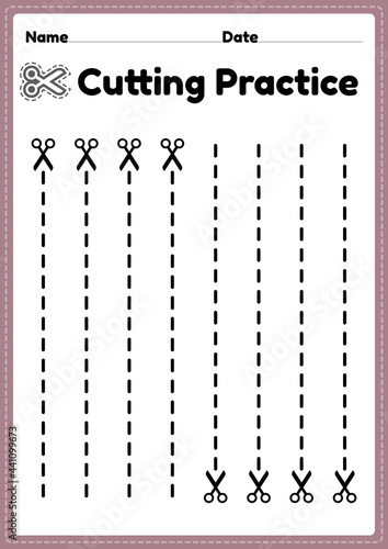 Scissors skills printable for for preschool and kindergarten kids for cutting the paper to improve motor skills, coordination and develop small muscles for children in a printable illustration page.