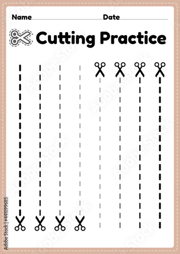 Cutting practice for kindergarten and preschool for kids to cut the paper with scissors to improve motor skills, coordination and develop small muscles for children in a printable illustration page.
