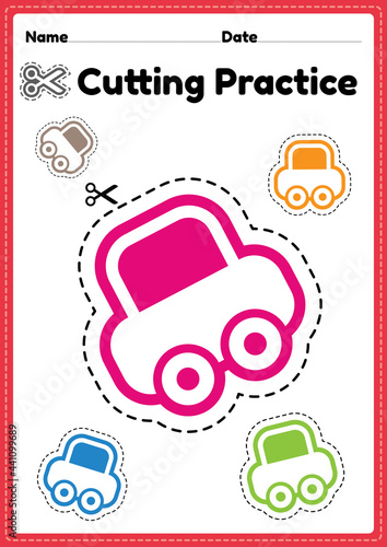 Printable cutting practice for kids to cut the paper with scissors to improve motor skills, coordination and develop small muscles for preschool and kindergarten children in a printable illustration
