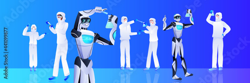 robot with scientists in protective suit making experiments in lab genetic engineering artificial intelligence concept