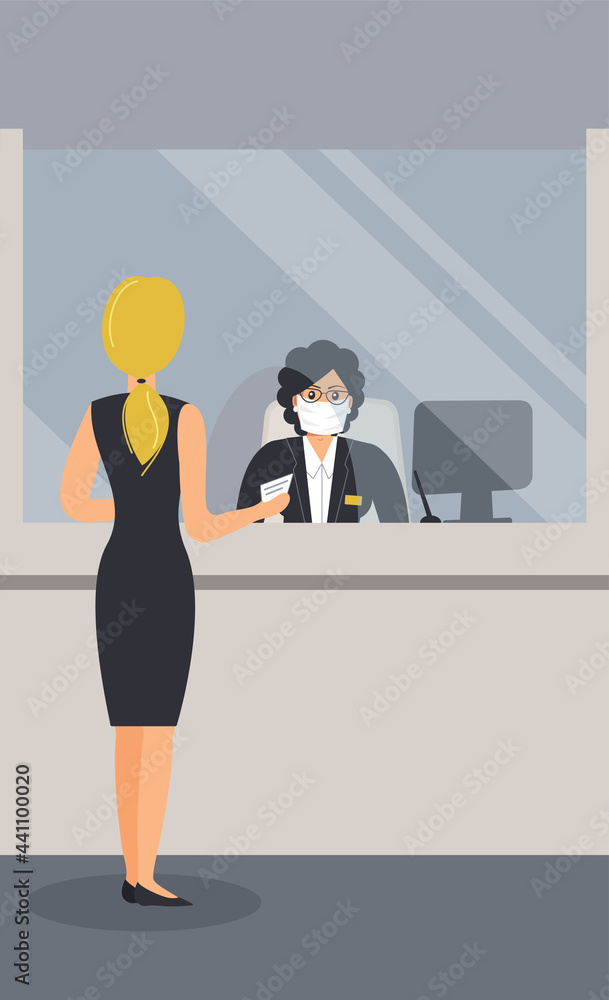 Obraz premium Bank office is open during epidemic of virus.Employee in protective medical mask behind counter serve customer.Client stand in hall near cash register window and talk to clerk.Raster flat illustration