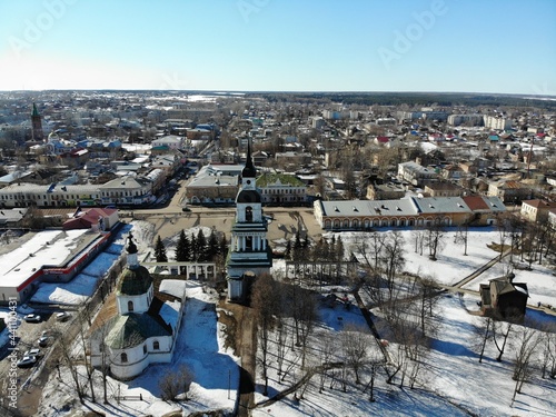 Aerial view of the bell tower in spring (Slobodskoy, Kirov region, Russia) photo