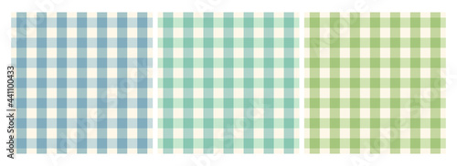 A collection of gingham patterns. Blue, Tosca, Green plaid pattern with pastel colors for tablecloths, skirts, napkins, flannel and more.