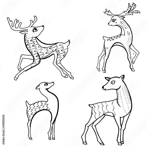 Contour linear illustration with animal for coloring book. Cute deer  anti stress picture. Line art design for adult or kids  in zentangle style and coloring page.