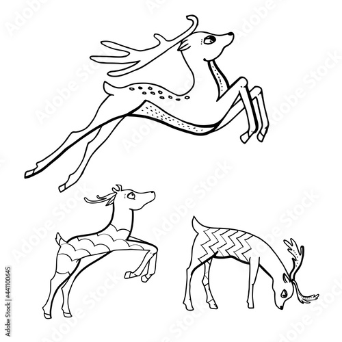 Contour linear illustration with animal for coloring book. Cute deer, anti stress picture. Line art design for adult or kids  in zentangle style and coloring page.