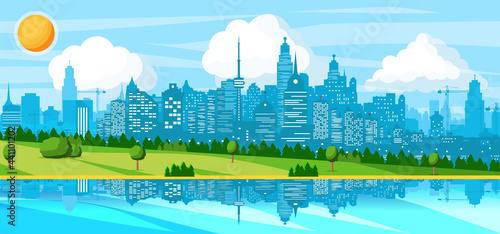 City Landscape with Buildings, River, Hills, Trees