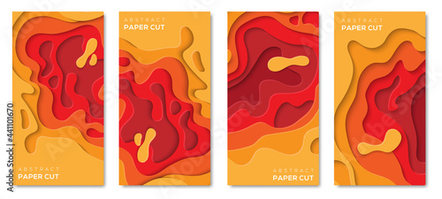 Vertical banners set with 3D abstract background and paper cut shapes. Vector design layout for business presentations, flyers, posters and invitations. Colorful carving art for social media story.