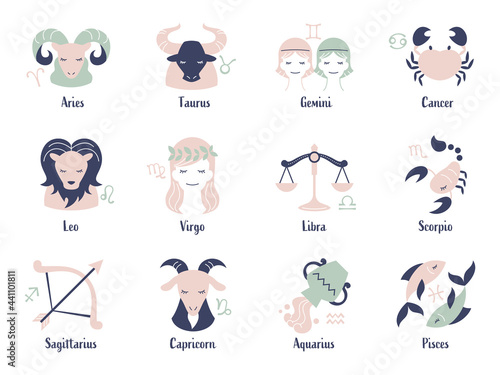 Flat design zodiac sign vector art ガーリーな配色のおしゃれな12星座セット