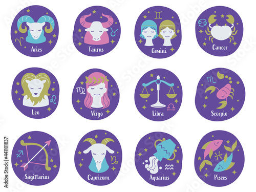 Flat design zodiac sign vector art フラットデザインのおしゃれな12星座セット