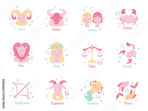 pastel color zodiac sign vector art パステルカラーのかわいい12星座セット