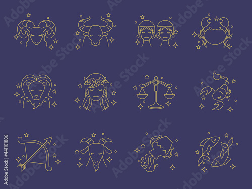 zodiac sign with golden lines vector illustration 金色のラインのおしゃれな12星座セット
