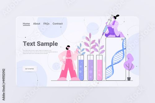 scientists working with DNA of plants in test tubes researchers making experiment in lab genetically modified plants