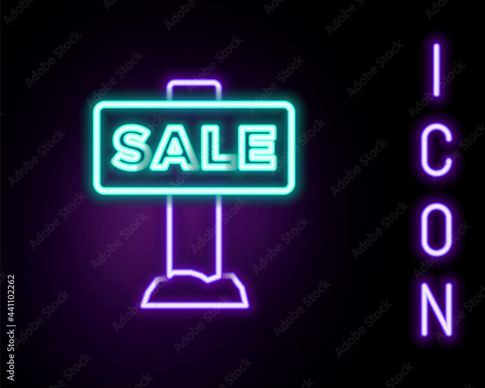 Glowing neon line Hanging sign with text Sale icon isolated on black background. Signboard with text Sale. Colorful outline concept. Vector Glowing neon line Hanging sign with text Sale icon isolated on black background. Signboard with text Sale. Colorful outline concept. Vector