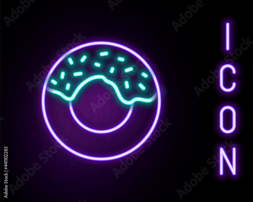 Glowing neon line Donut with sweet glaze icon isolated on black background. Colorful outline concept. Vector