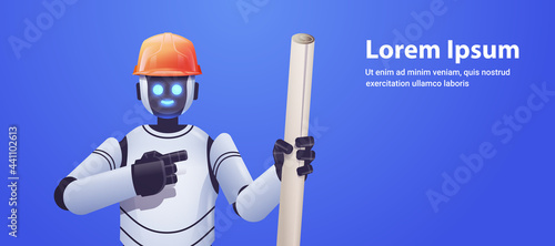 robot foreman engineer in hardhat holding construction drawings modern robotic architect with blueprints