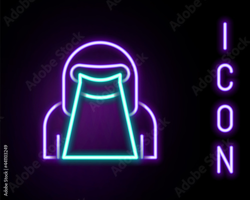 Glowing neon line Muslim woman in niqab icon isolated on black background. Colorful outline concept. Vector