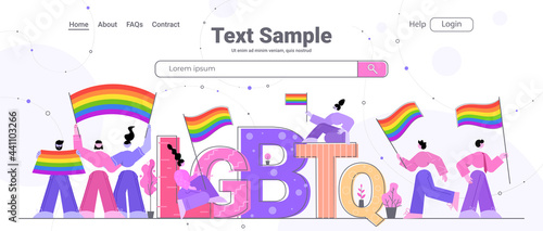 people holding lgbtq rainbow flags gay lesbian love parade pride month celebration transgender love concept
