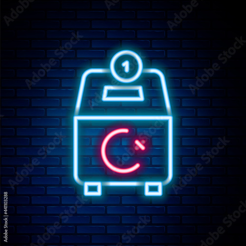 Glowing neon line Donate or pay your zakat as muslim obligatory icon isolated on brick wall background. Muslim charity or alms in ramadan kareem before eid al-fir. Colorful outline concept. Vector