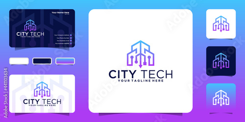 creative technology building logo with line style logo design and business card inspiration