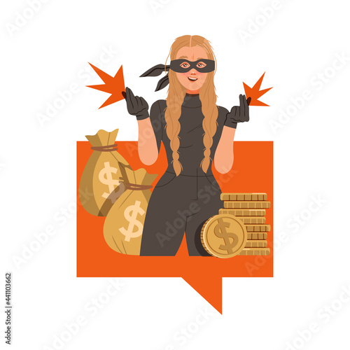 Woman Cybercriminal Wearing Black Mask Committing Network and Computer Crime Harming Security and Financial Health Vector Illustration