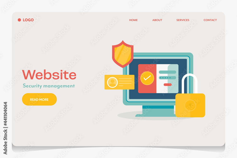 Website security management software, encryption technology, internet security, data protection, digital privacy safety login concept. Flat design web banner template.
