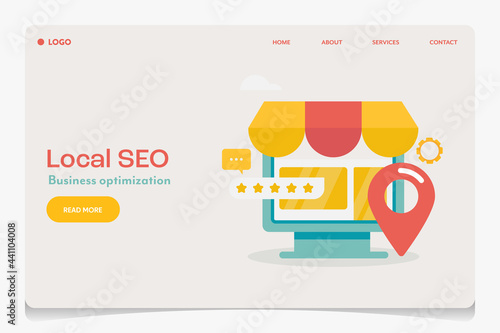 Local seo business optimization, local store map point visible on search engine page, geo tagging search optimization, ecommerce advertising concept. Web banner landing page template.