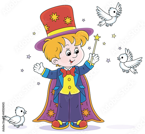 Little boy illusionist with a mysterious hat and a magic wand, conjuring tricks with white birds in a circus performance, vector cartoon illustration isolated on a white background