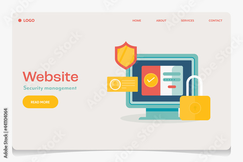 Website security management software, encryption technology, internet security, data protection, digital privacy safety login concept. Flat design web banner template.