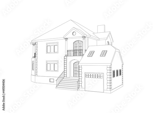 Vector wireframe perspective of luxury modern house exterior. 3D vector model of cottage isolated on white background.