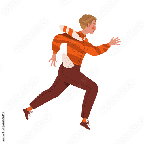 Young Male with Empty Pocket Trotting and Running Ahead in a Hurry Chasing Someone Vector Illustration