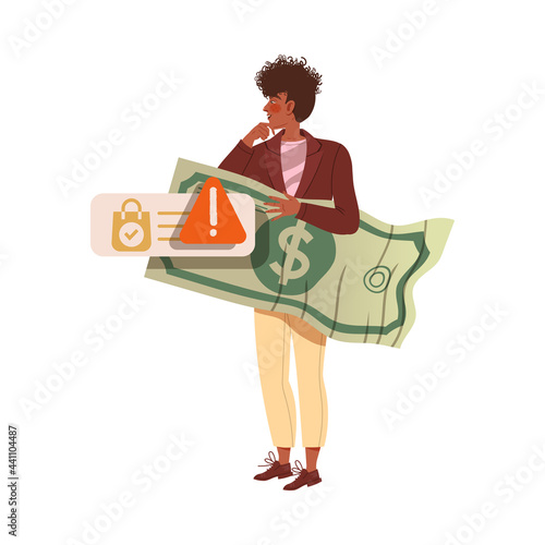 Man with Dollar Banknote as Victim of Cybercriminal Committing Network Crime Harming Financial Health Vector Illustration