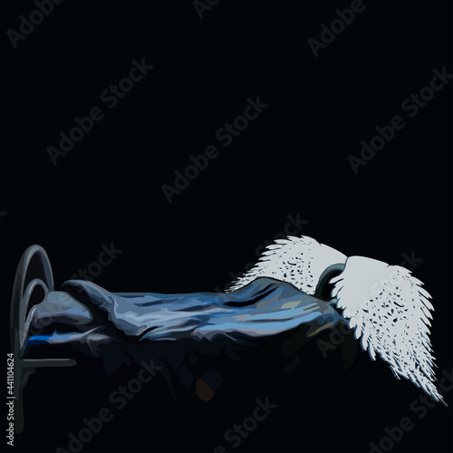 a dark room, a bedroom - a bed filled with blue linen, on the bed are the wings of an angel.