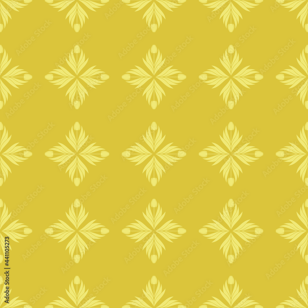 Seamless pattern with a pattern of the silhouette of tulips and leaves. Design in gold and yellow for printing, packaging, fabric. Damascus styling. Vector illustration Seamless pattern with a pattern of the silhouette of tulips and leaves. Design in gold and yellow for printing, packaging, fabric. Damascus styling. Vector illustration