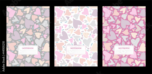 School notebook cover. Set College Notebooks. Design cover book. Pattern of multicolored hearts. Vector illustration. Back to school.