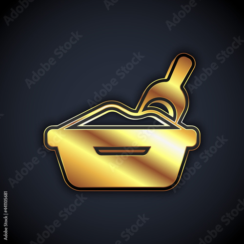 Gold Cat litter tray with shovel icon isolated on black background. Sandbox cat with shovel. Vector