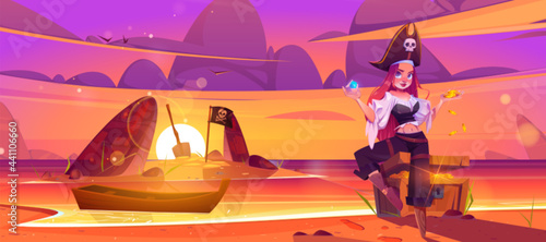 Girl pirate on beach with treasure chest, moored boat, jolly roger flag and shovel at sunset scenery seaview landscape. Filibuster woman captain stand on island sea shore, Cartoon vector illustration
