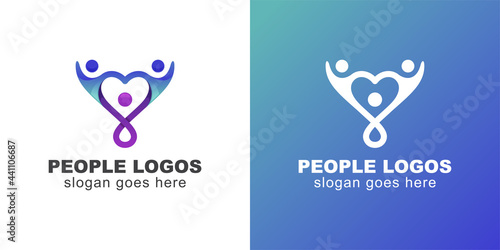 colorful people care or happy humanity with love shape design concept, People family together human unity logo template