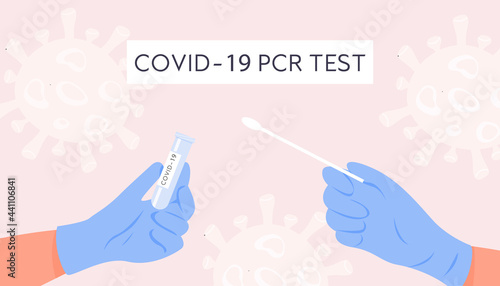 Vector Horizontal Banner Covid-19 PCR test. Nasal Swab Laboratory Analysis. Nurse or Doctor hands in latex gloves holding Swab and tube. Coronavirus bacteria on background. Illustration in flat style.
