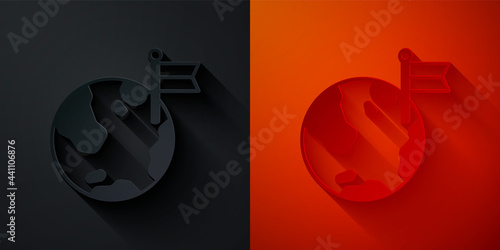 Paper cut Planet with flag icon isolated on black and red background. Victory, winning and conquer adversity concept. Paper art style. Vector