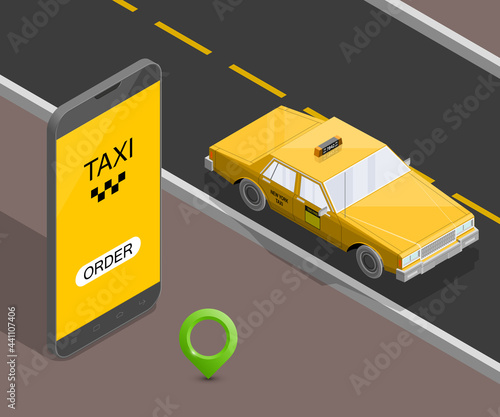 Yellow isometric taxi cab banner. Online mobile application order taxi service illustration. Flat car isometric quality banner. 3D taxi vehicle smartphone. Get a taxi online phone isometry application