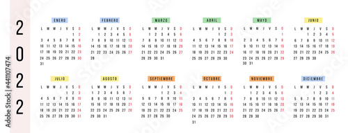 Spanish horizontal calendar 2022 year. Vector stationery calendar week starts Monday. Yearly organizer. Simple calendar template in minimal design. Business illustration.