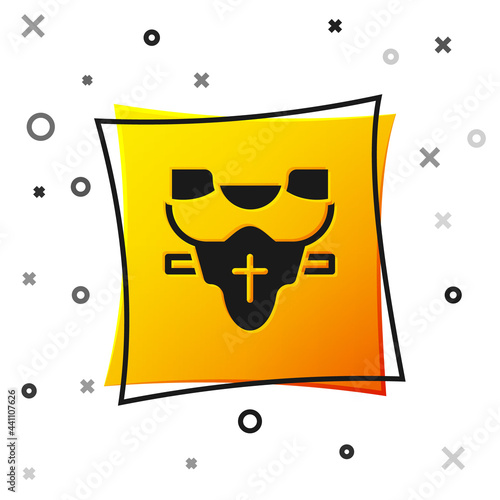 Black American football player chest protector icon isolated on white background. Shoulder and chest protection for upper body. Team sports. Yellow square button. Vector