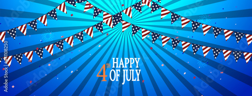 Concept of Independence day celebration. Flags over blue background with fireworks and confetti.