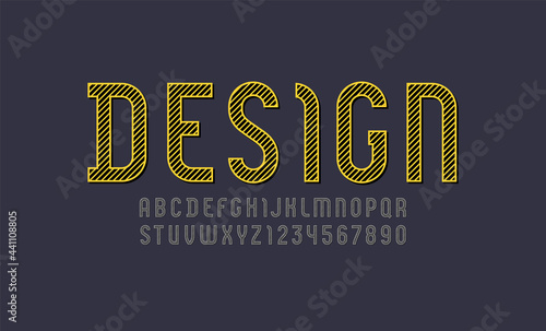 Trendy striped font, yellow alphabet, modern uppercase Latin letters from A to Z and Arab numbers from 0 to 9, vector illustration 10EPS