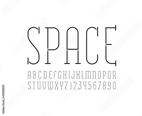 Font from ultra thin black line, trendy stencil alphabet, modern condensed letters and numbers, vector illustration 10EPS