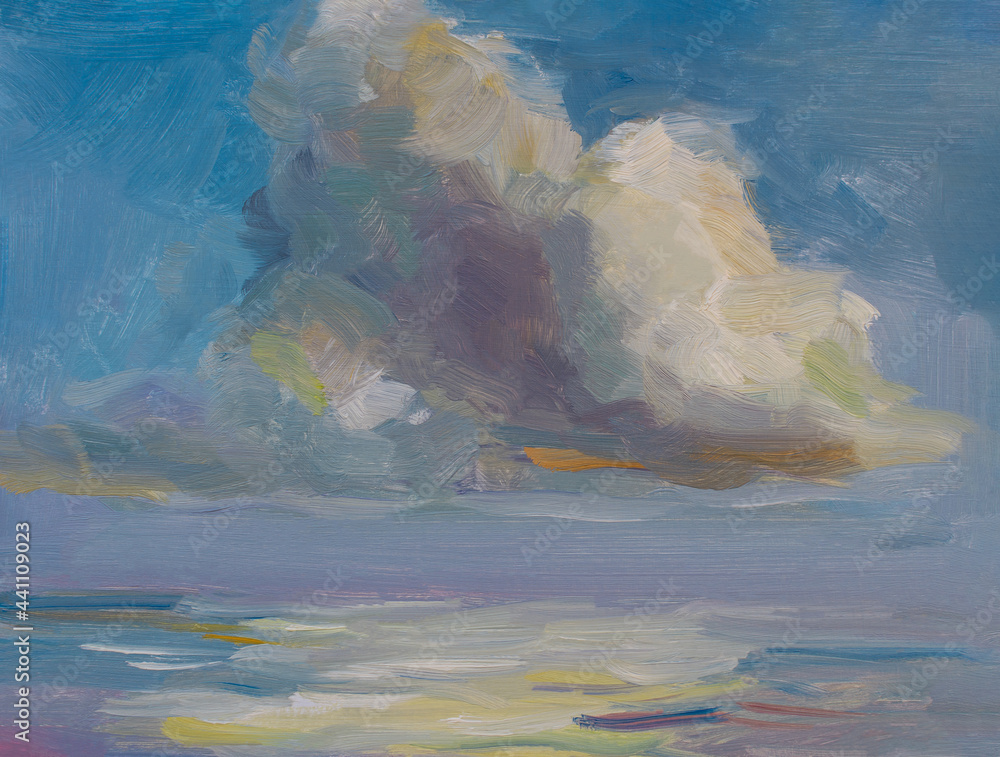 Cloud sea oil painting. Abstract blue seascape with cumulus clouds. Impressionism, plein-air etude. The concept of summer, recreation. Artistic pictorial background for creative postcard design